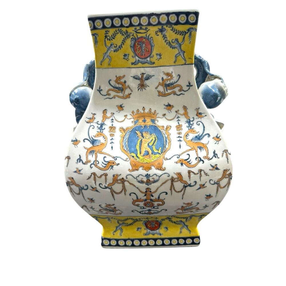 Wong Lee WL 1895 Porcelain Griffin Putti Blue Yellow Chinoiserie Pottery 12” EUC
